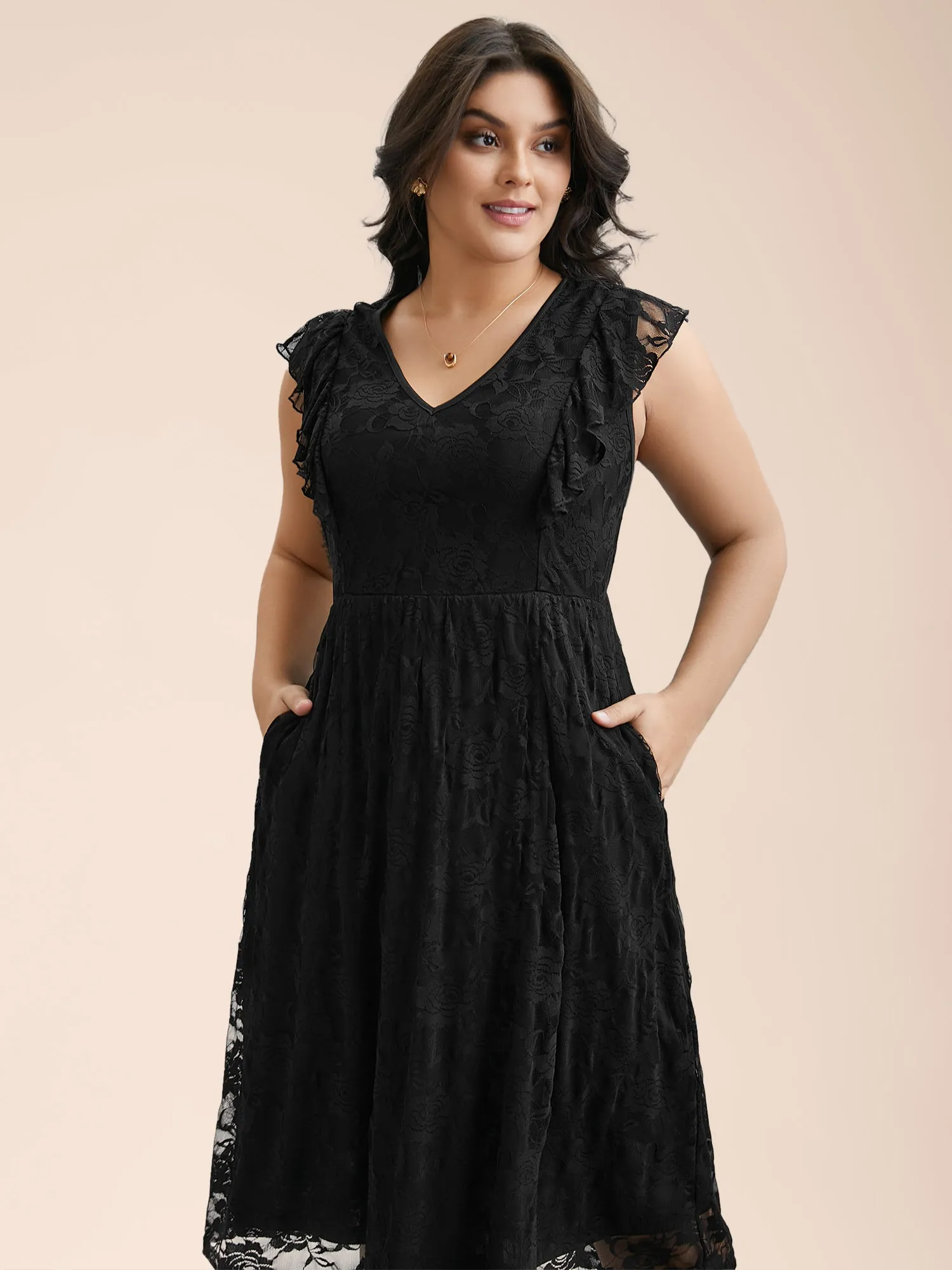 Lace Ruffled Sleeve Waist-Cinched Midi Dress sold by Bloomchic product image thumbnail 3