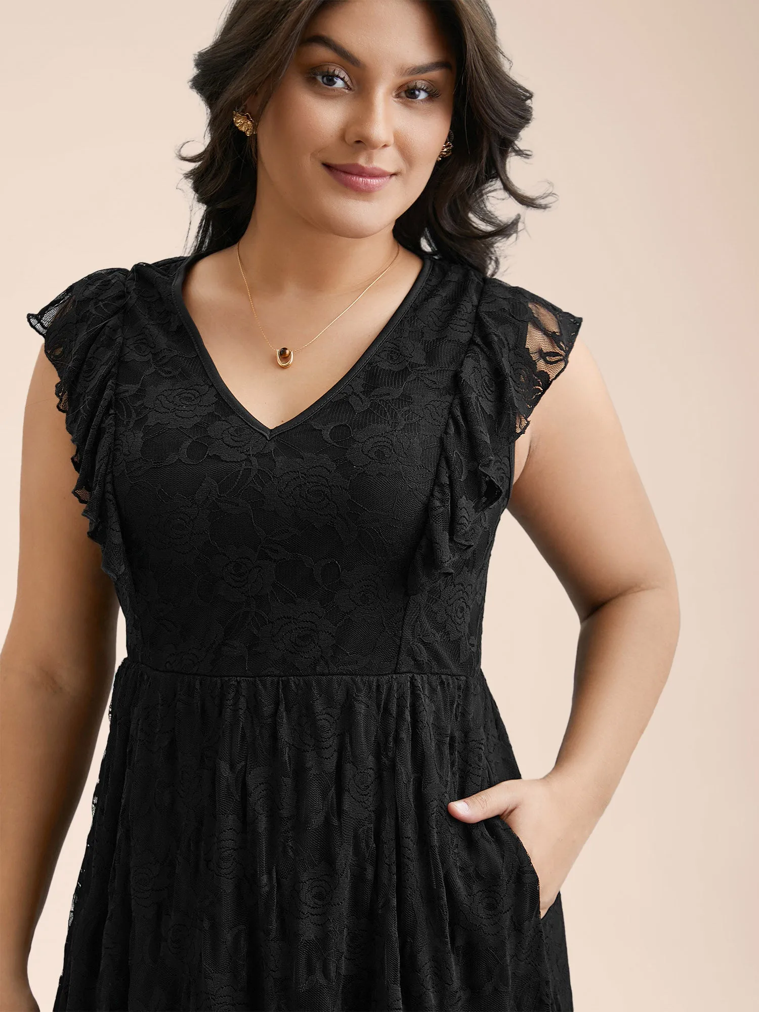 Lace Ruffled Sleeve Waist-Cinched Midi Dress sold by Bloomchic