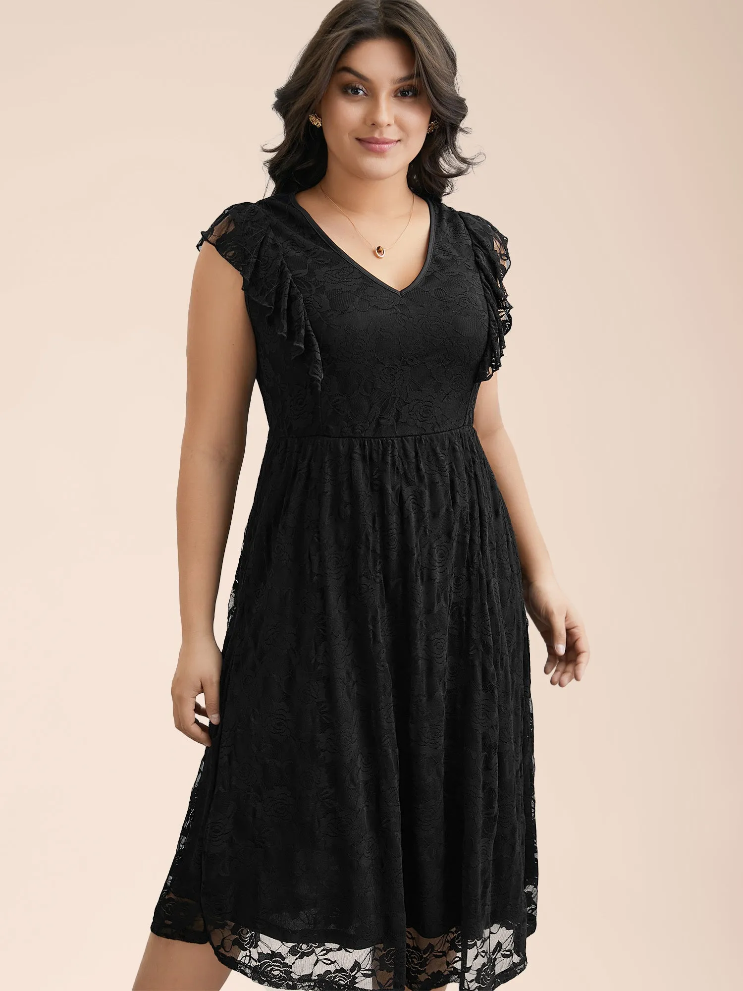 Lace Ruffled Sleeve Waist-Cinched Midi Dress sold by Bloomchic product image thumbnail 4