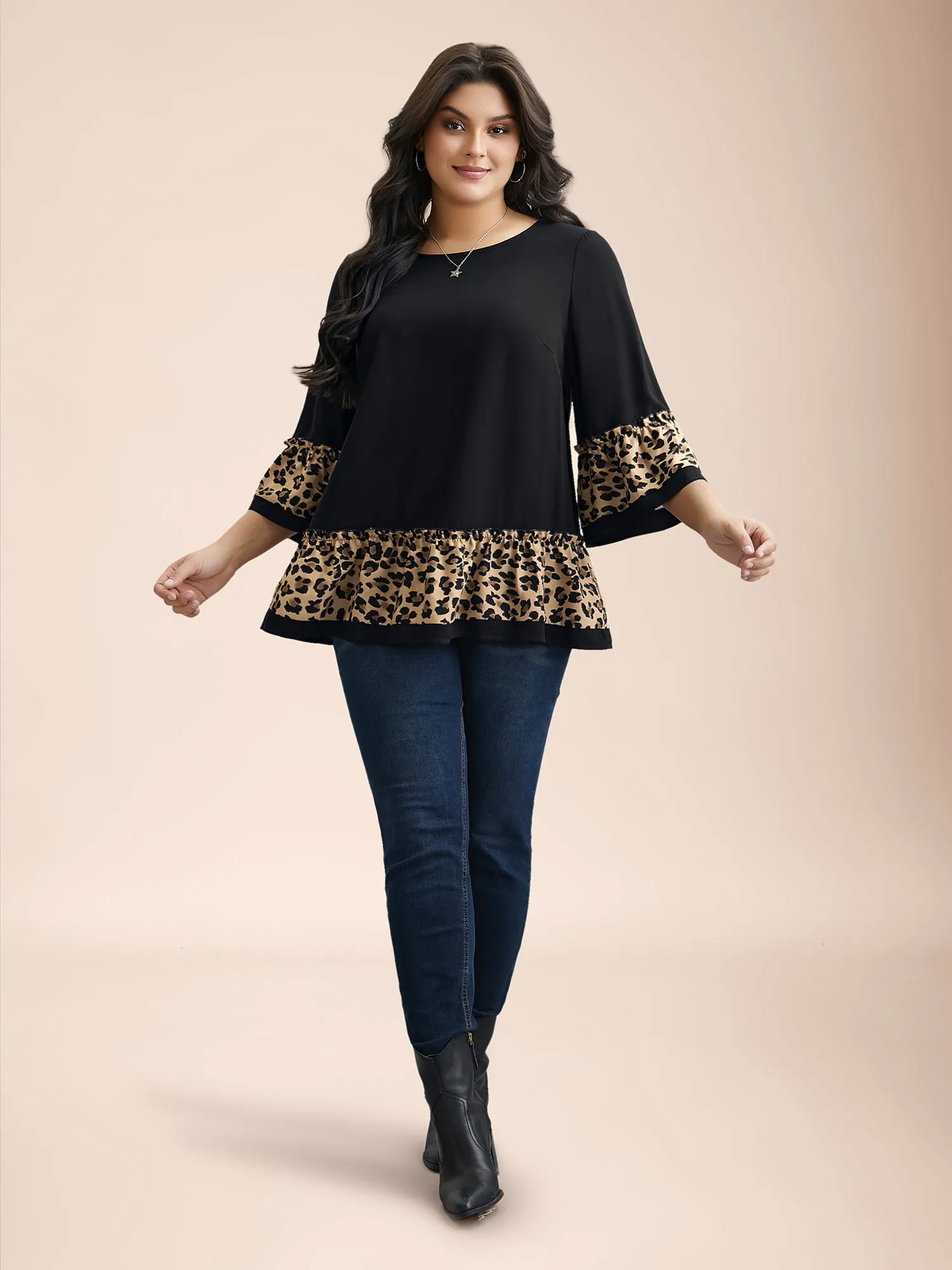 Leopard Print Patchwork Tiered Blouse sold by Bloomchic product image thumbnail 2