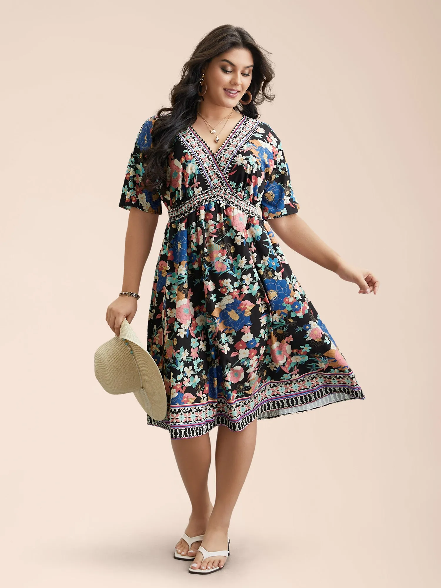 Boho Print Shirred V-Neck Flared Midi Dress sold by Bloomchic product image thumbnail 5