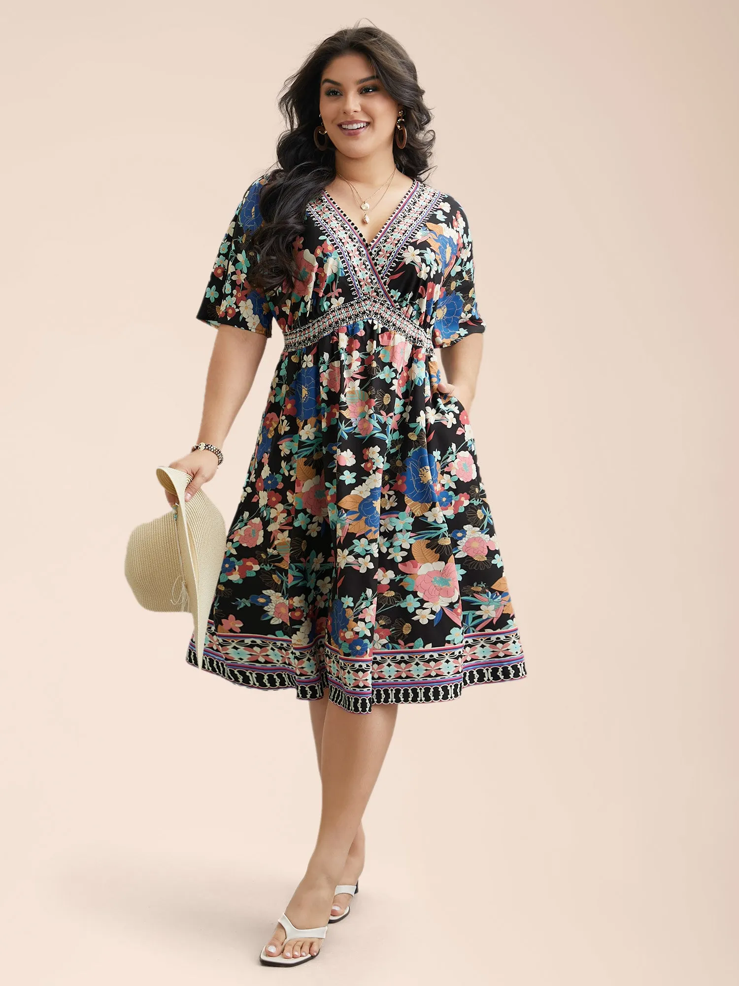 Boho Print Shirred V-Neck Flared Midi Dress sold by Bloomchic product image thumbnail 4
