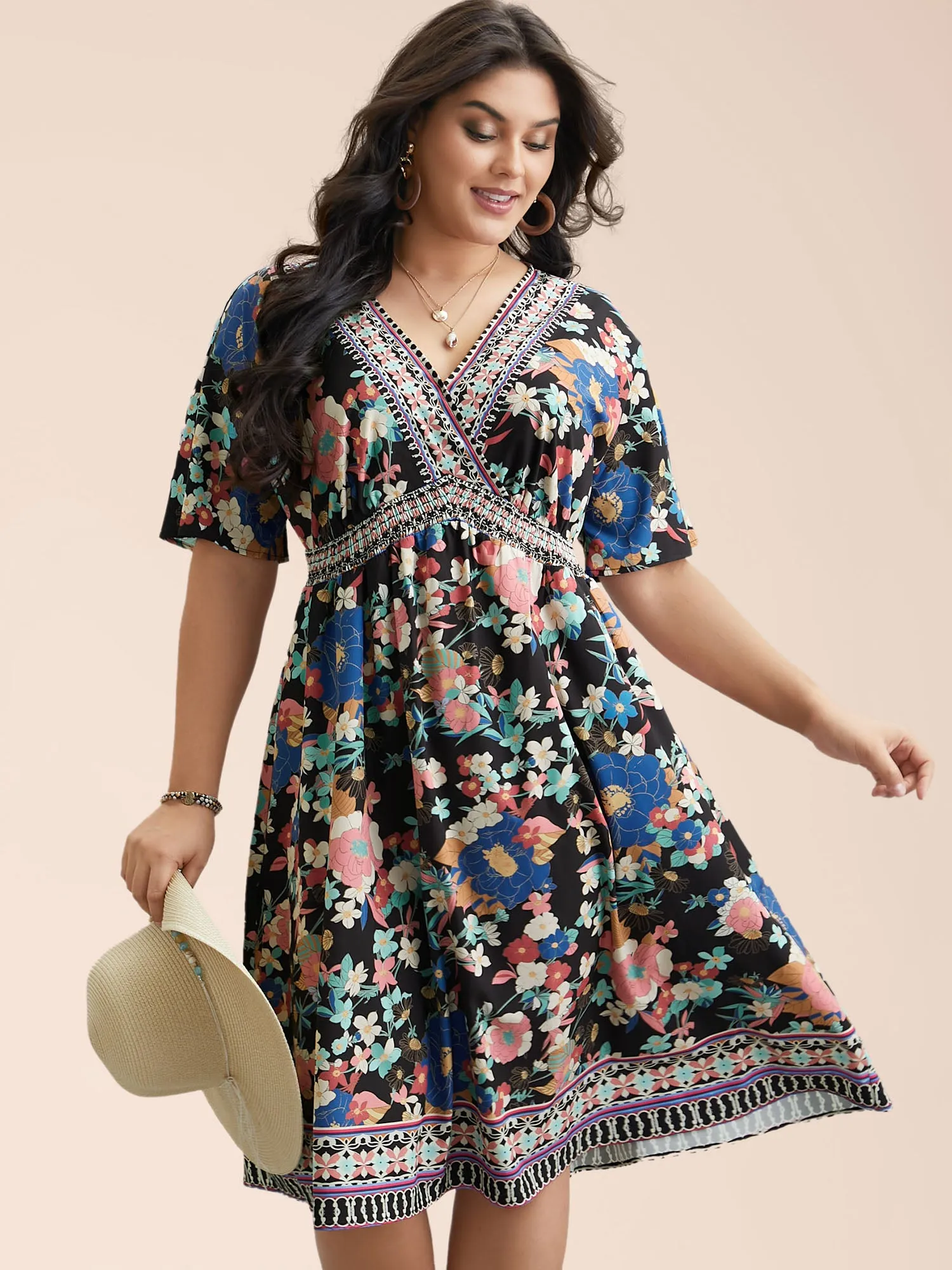 Boho Print Shirred V-Neck Flared Midi Dress sold by Bloomchic