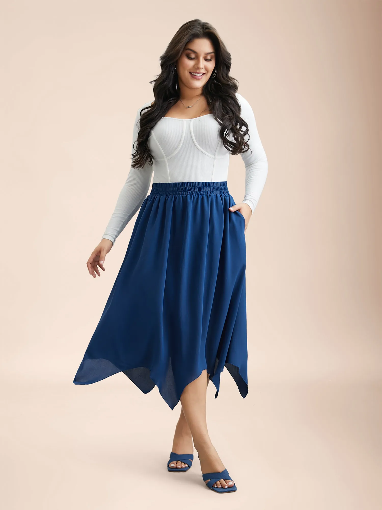 Asymmetrical Hem Stretchy-Waist Plain Midi Skirt sold by Bloomchic product image thumbnail 2