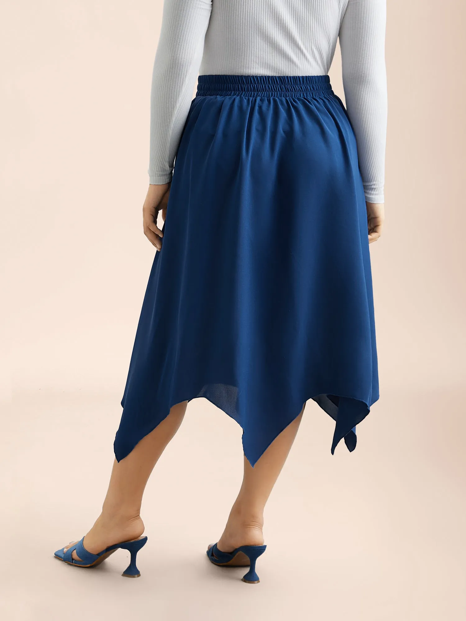 Asymmetrical Hem Stretchy-Waist Plain Midi Skirt sold by Bloomchic product image thumbnail 4