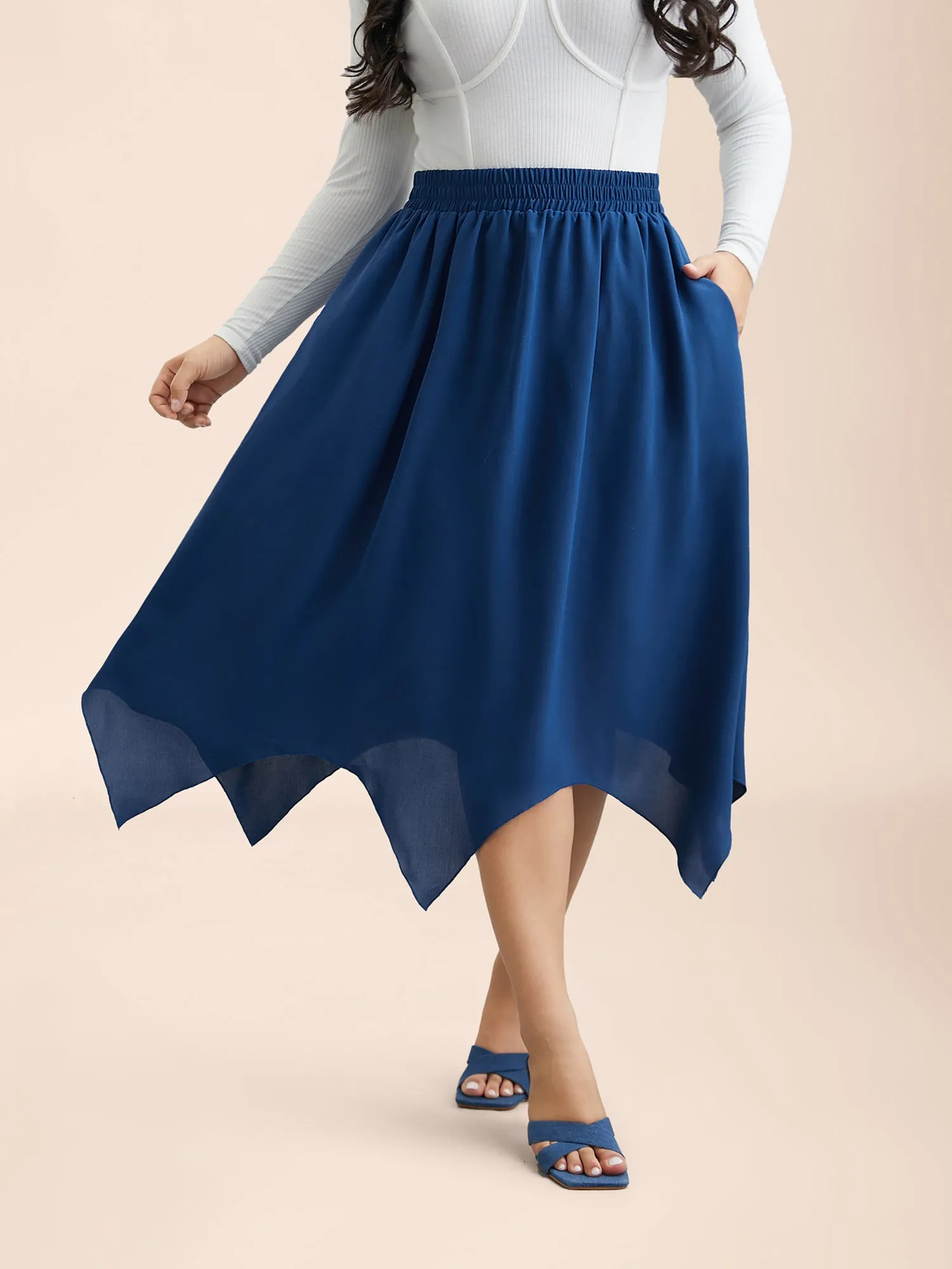 Asymmetrical Hem Stretchy-Waist Plain Midi Skirt sold by Bloomchic