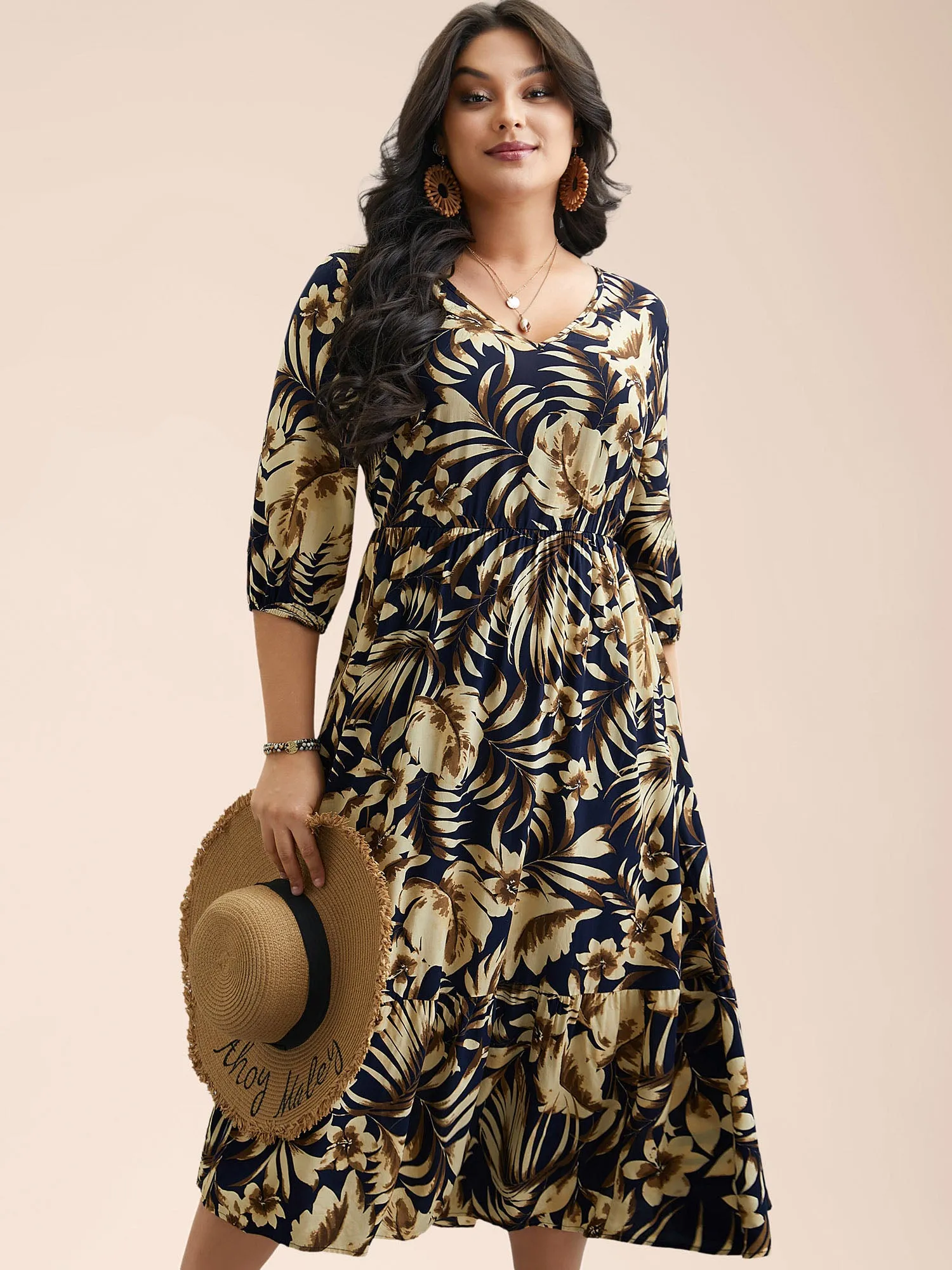 Tropical Print Stretchy-Waist Pockets Midi Dress sold by Bloomchic product image thumbnail 3