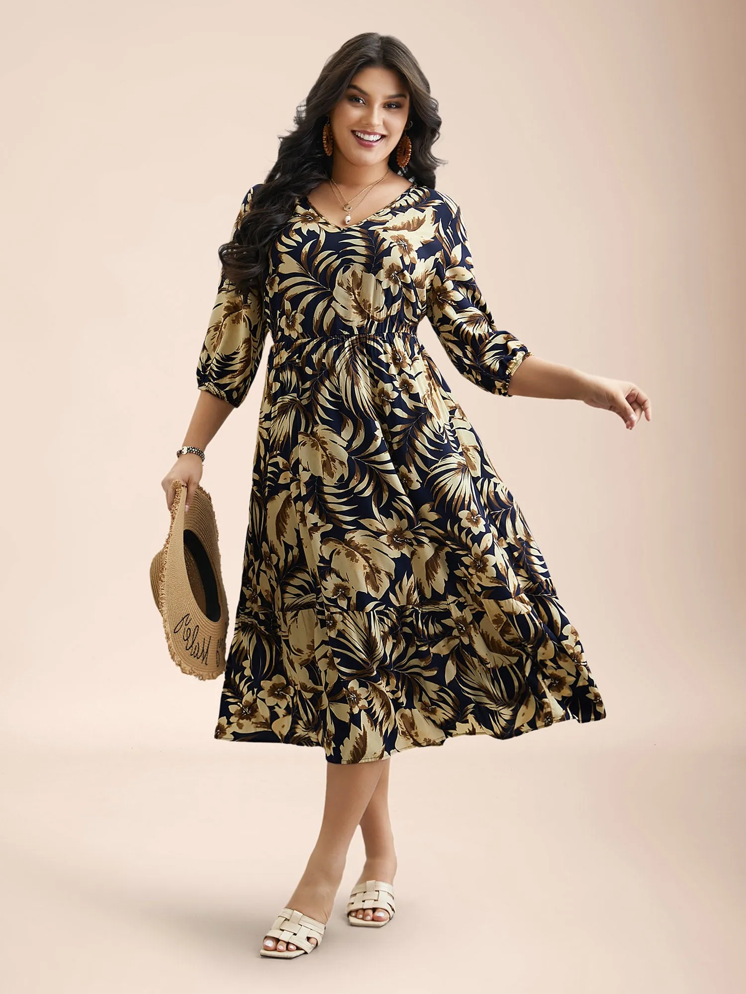 Tropical Print Stretchy-Waist Pockets Midi Dress sold by Bloomchic product image thumbnail 4