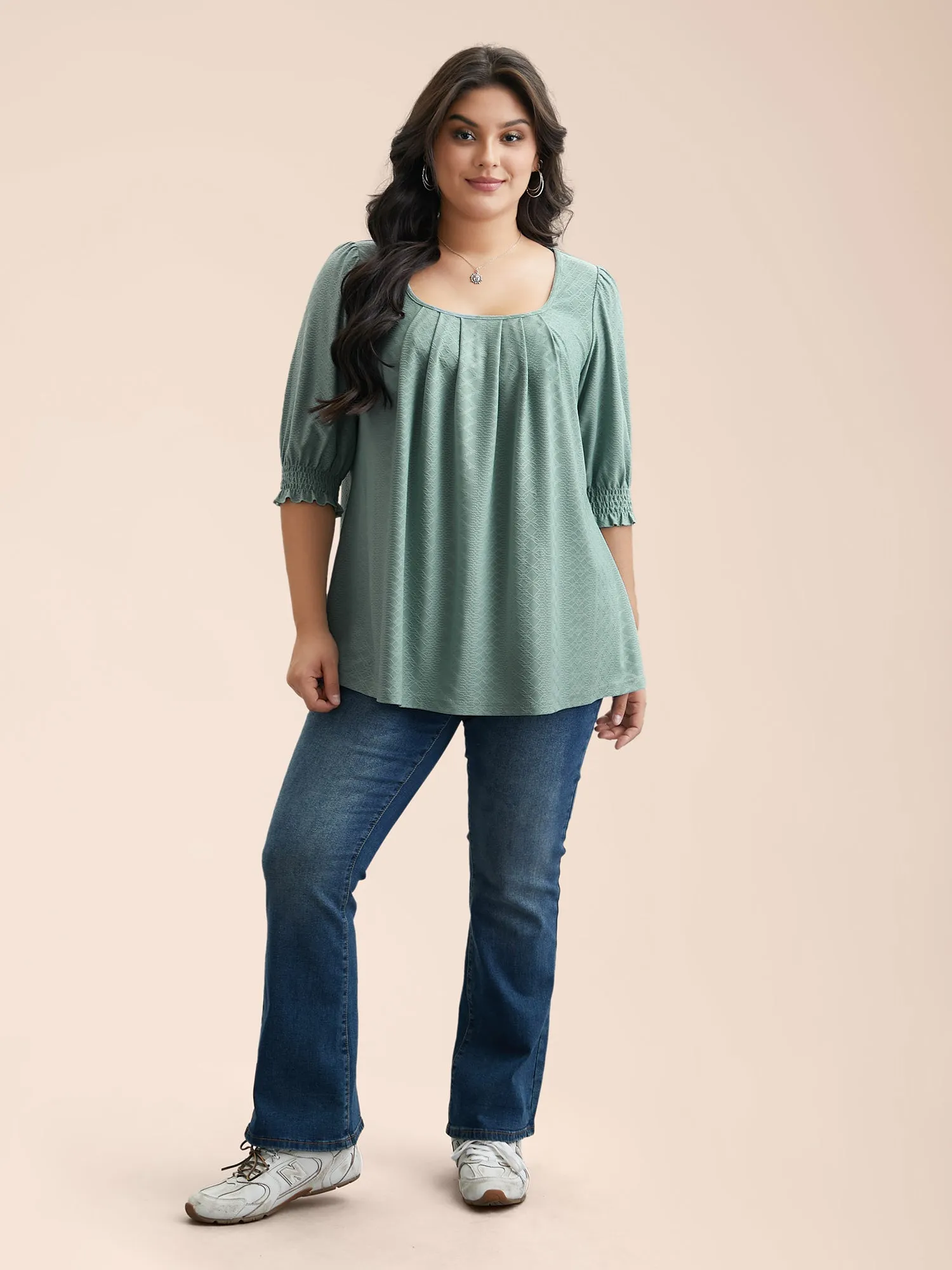 Square-Neck Plicated Detail Shirred Sleeve Blouse sold by Bloomchic product image thumbnail 2