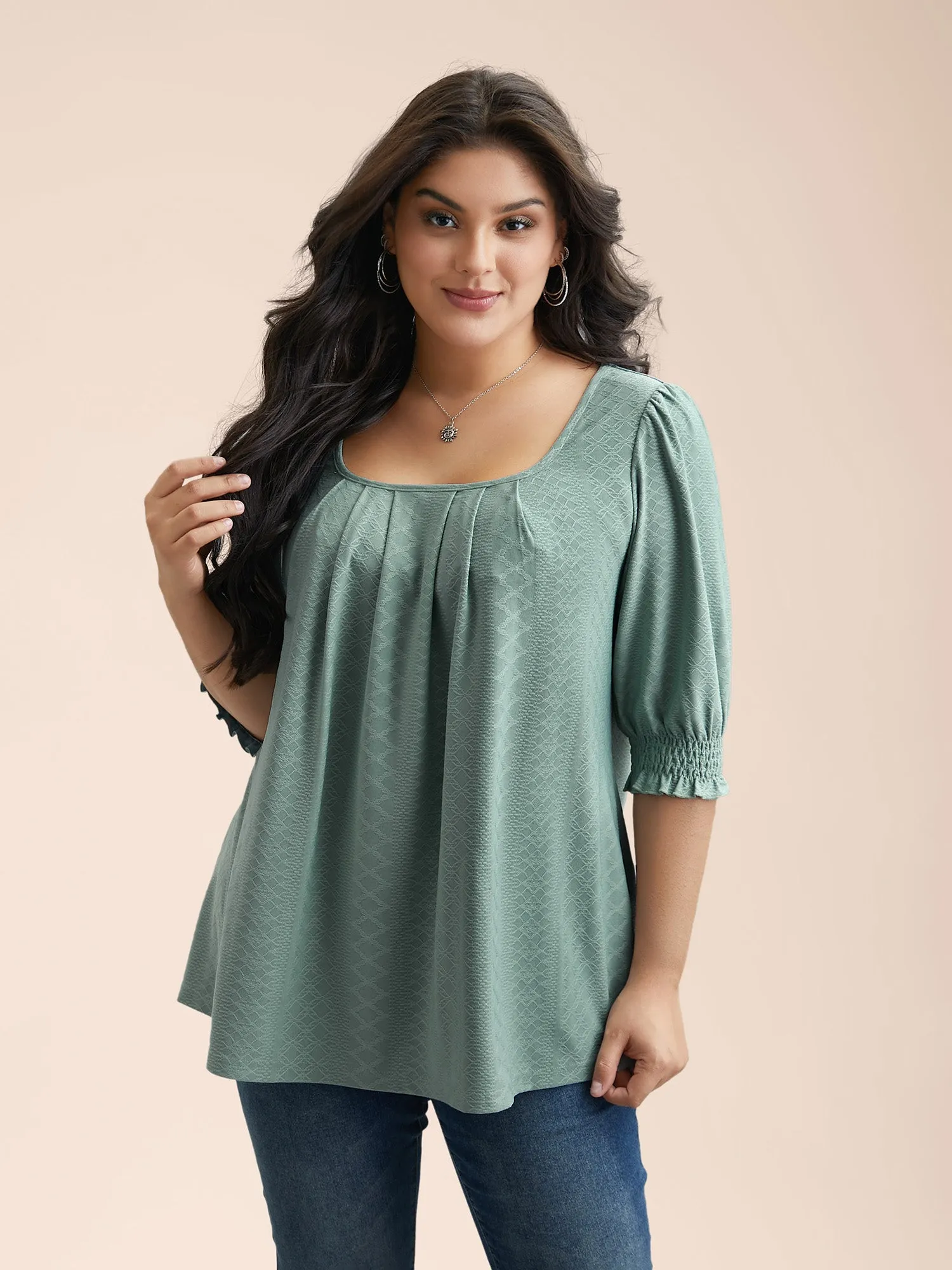 Square-Neck Plicated Detail Shirred Sleeve Blouse sold by Bloomchic