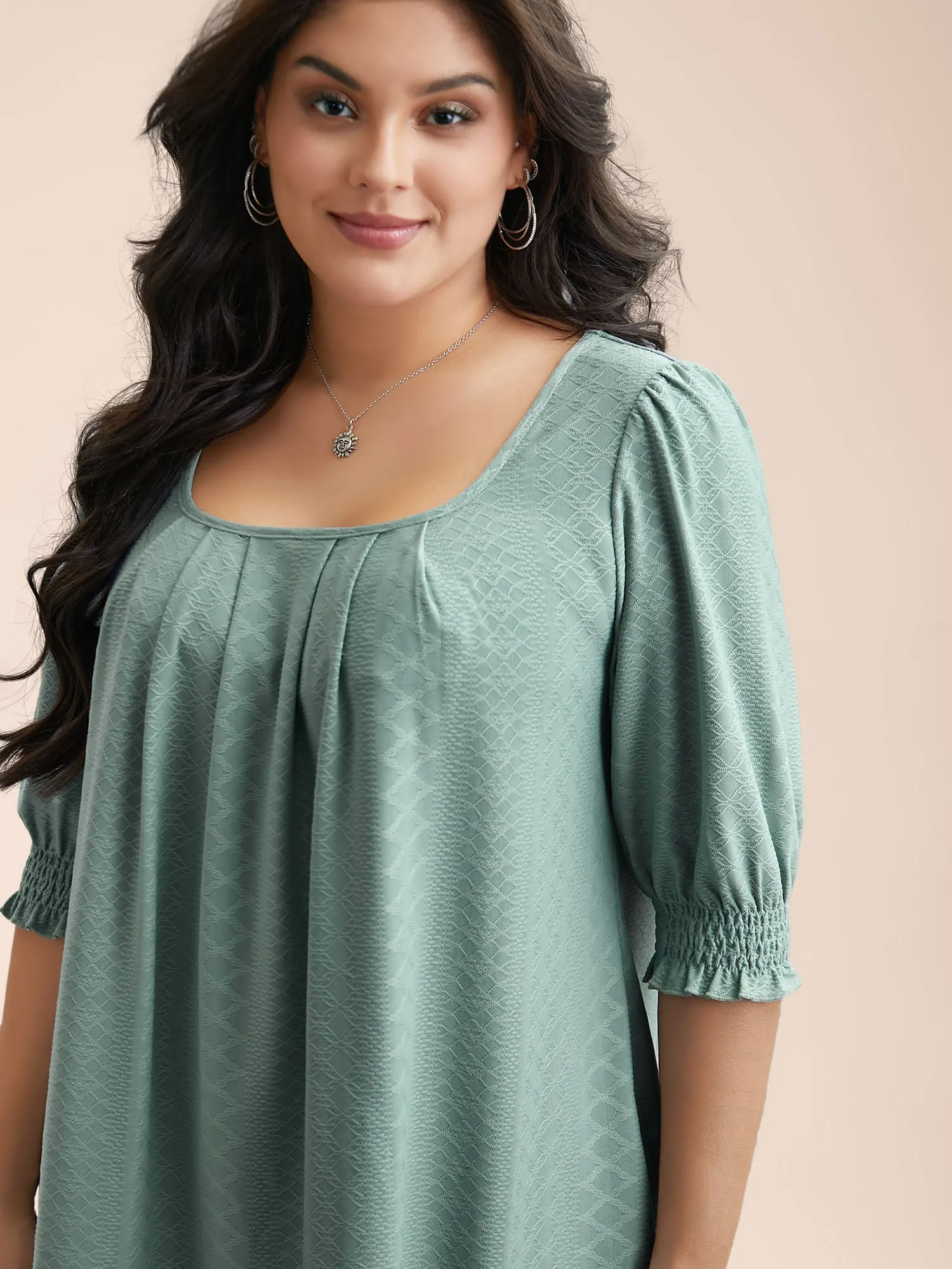 Square-Neck Plicated Detail Shirred Sleeve Blouse sold by Bloomchic product image thumbnail 3