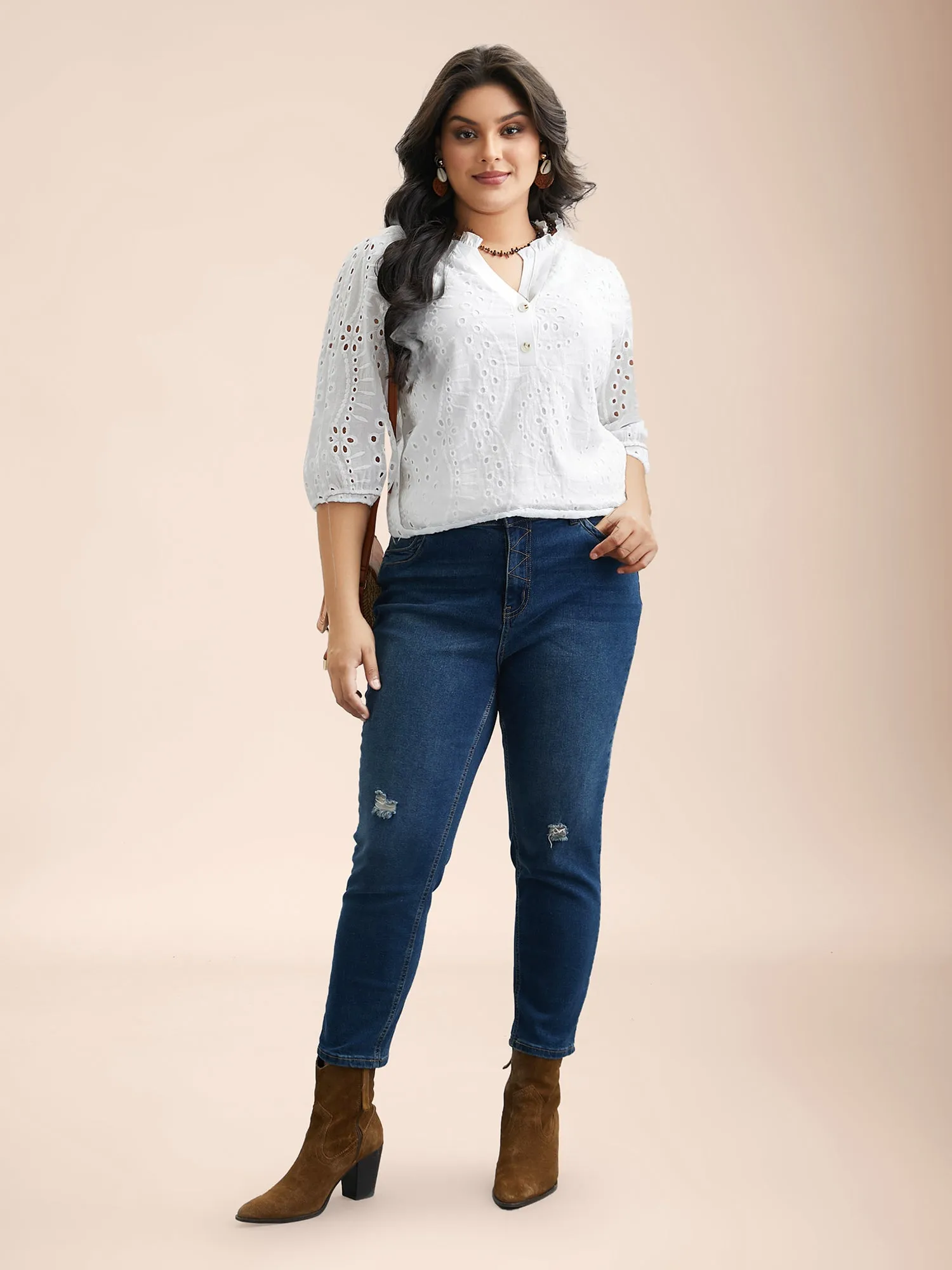 Cotton Embroidered Button Detail Notched Collar Blouse sold by Bloomchic product image thumbnail 3