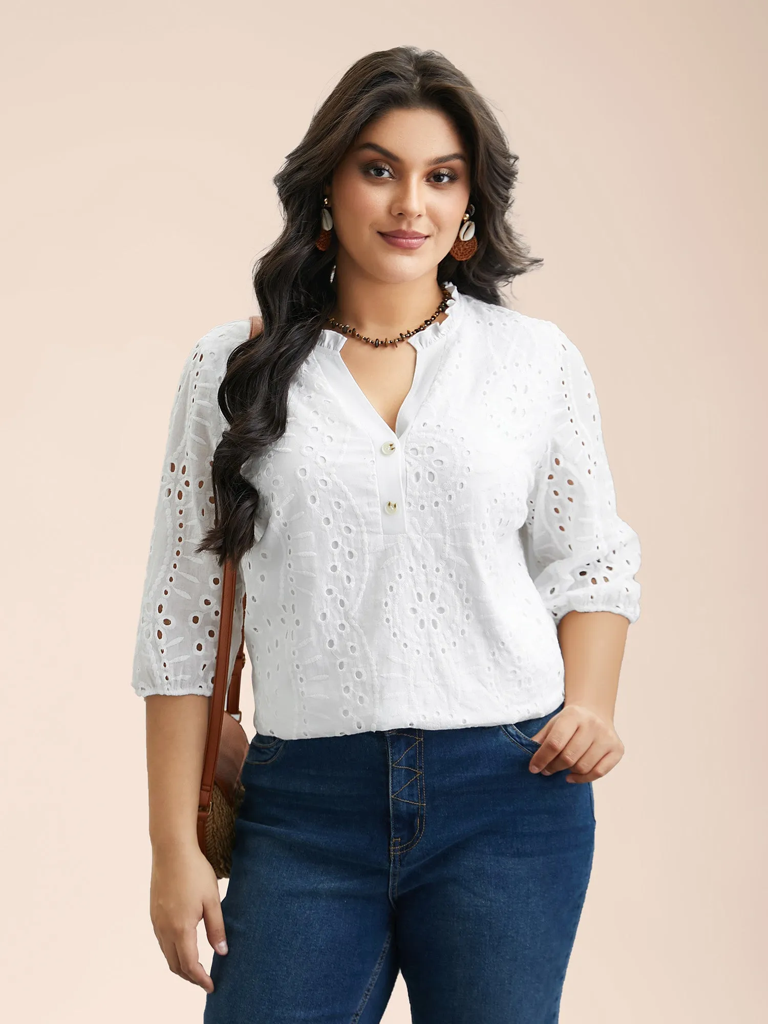 Cotton Embroidered Button Detail Notched Collar Blouse sold by Bloomchic product image thumbnail 2