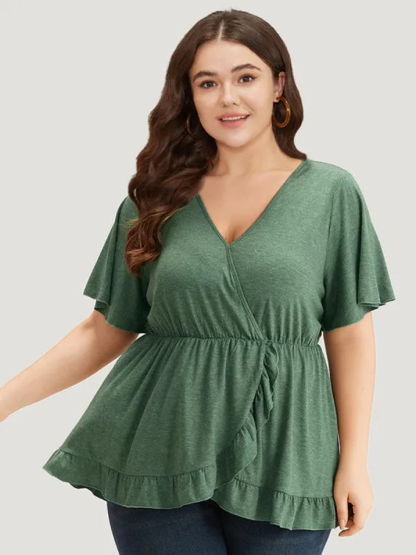 Plain Ruffle Sleeve Wrap Elastic Waist Gathered T-shirt sold by Bloomchic