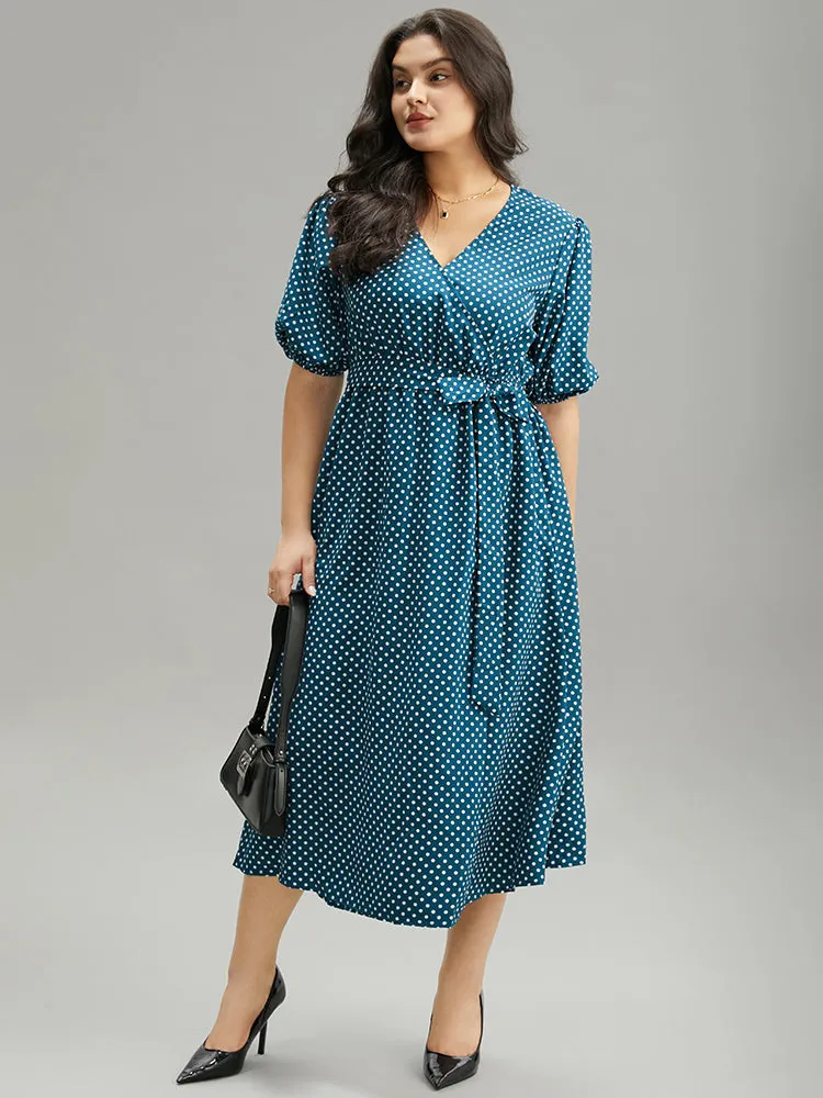 Polka Dot Belted Lantern Sleeve Surplice Neck Dress sold by Bloomchic product image thumbnail 2