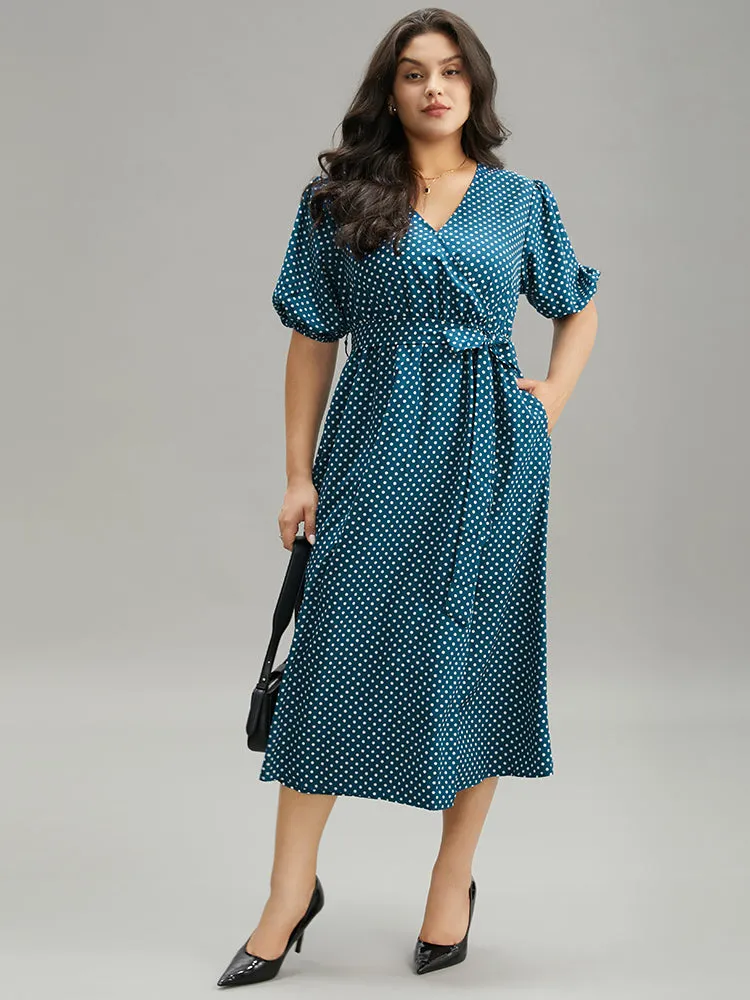 Polka Dot Belted Lantern Sleeve Surplice Neck Dress sold by Bloomchic