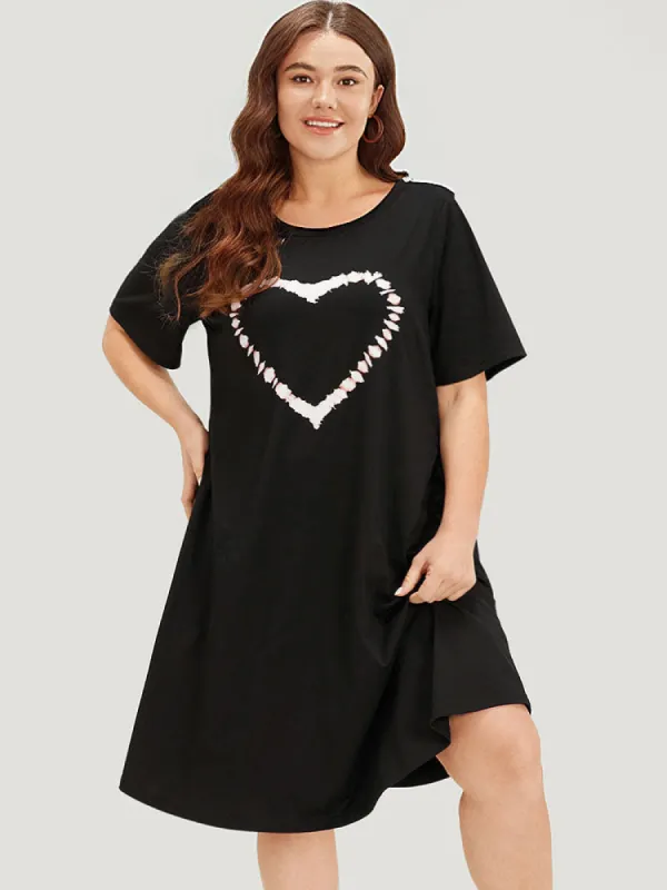 Heart Print Contrast Pocket Short Sleeve Dress sold by Bloomchic