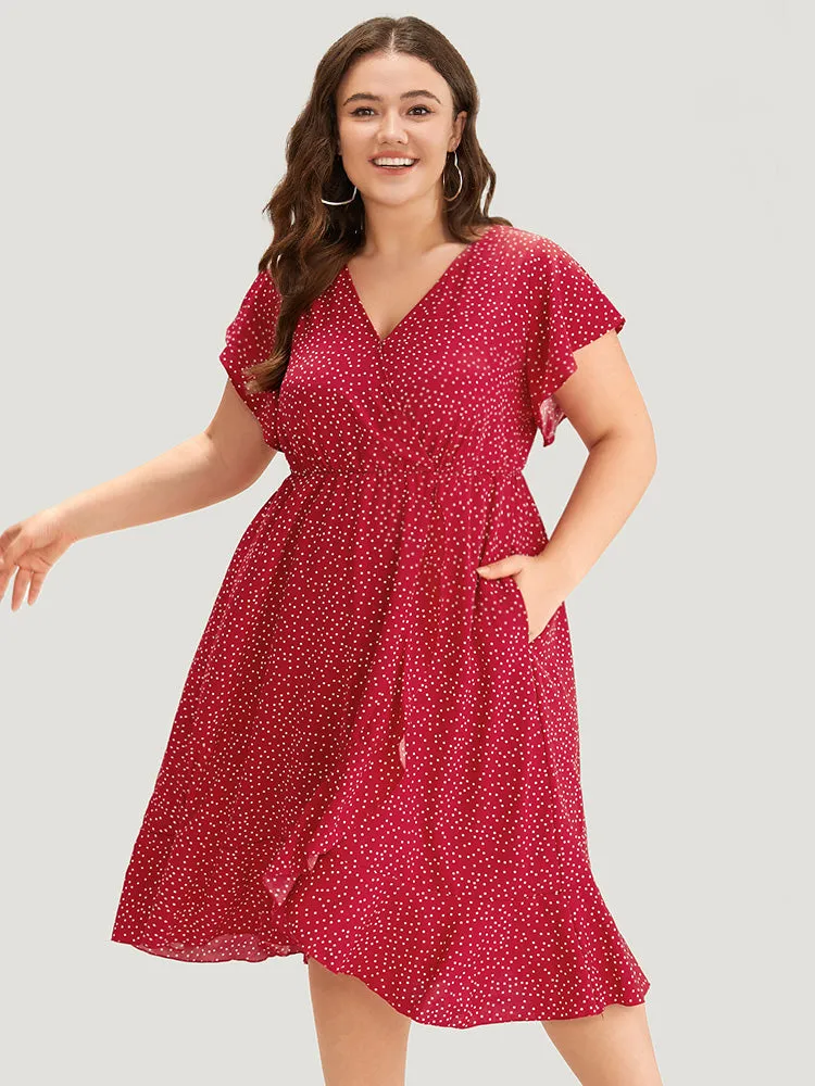 Polka Dot Ruffles Wrap Pocket Asymmetrical Hem Dress sold by Bloomchic