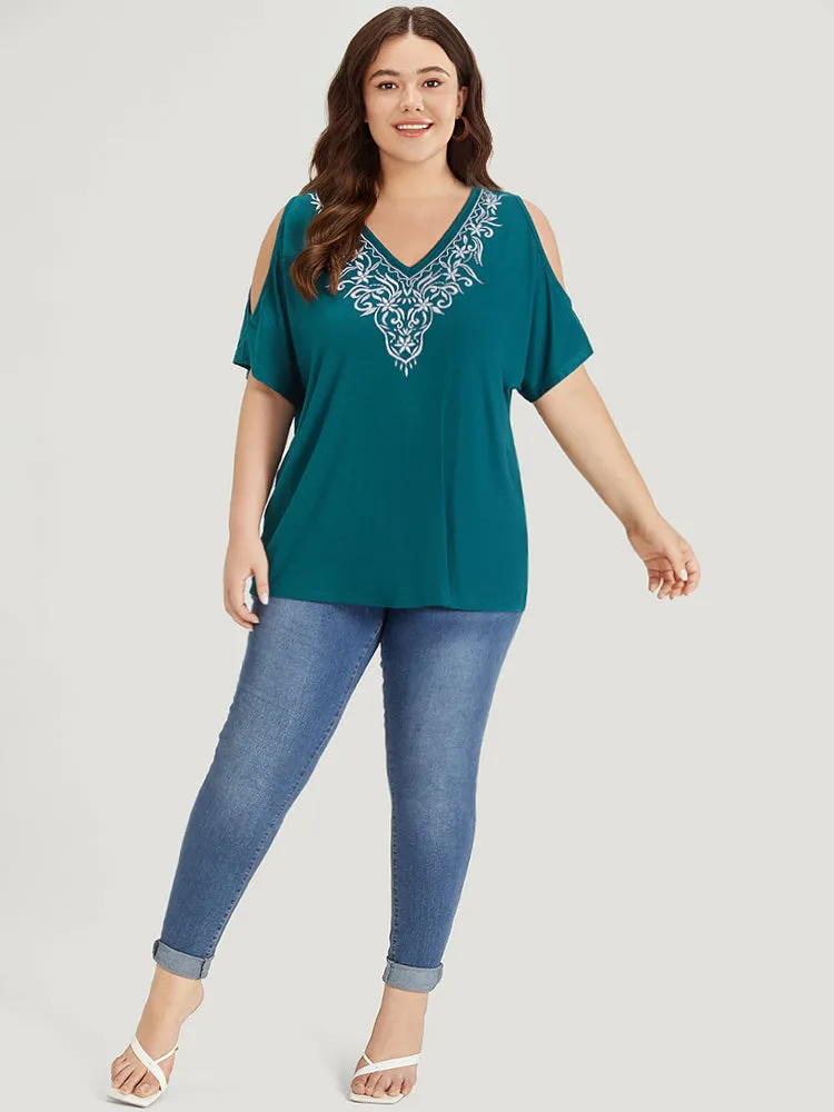 Silhouette Floral Print Embroidered Ruffle Cold Shoulder T-shirt sold by Bloomchic product image thumbnail 4