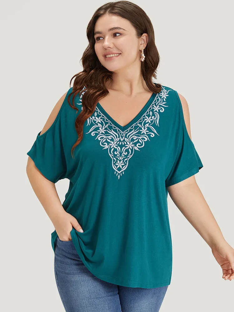 Silhouette Floral Print Embroidered Ruffle Cold Shoulder T-shirt sold by Bloomchic