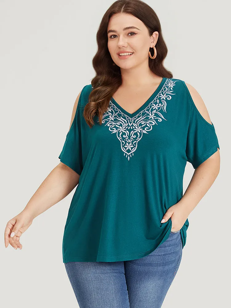 Silhouette Floral Print Embroidered Ruffle Cold Shoulder T-shirt sold by Bloomchic product image thumbnail 2