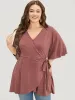 Plain Flutter Sleeve Knot Side Wrap T-shirt sold by Bloomchic