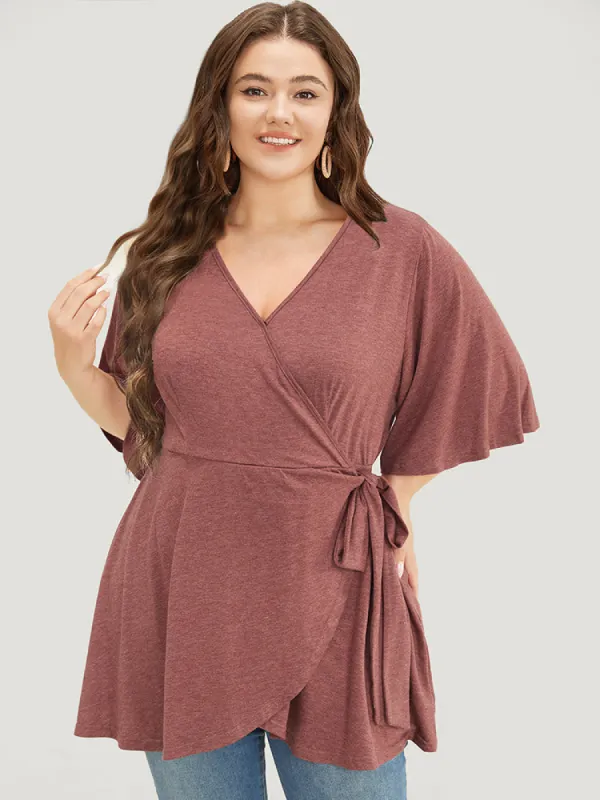 Plain Flutter Sleeve Knot Side Wrap T-shirt sold by Bloomchic