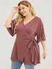 Plain Flutter Sleeve Knot Side Wrap T-shirt sold by Bloomchic