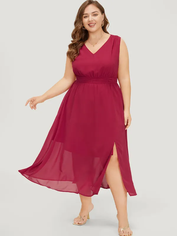 Plain Split Hem Pocket Ruched Tank Dress sold by Bloomchic