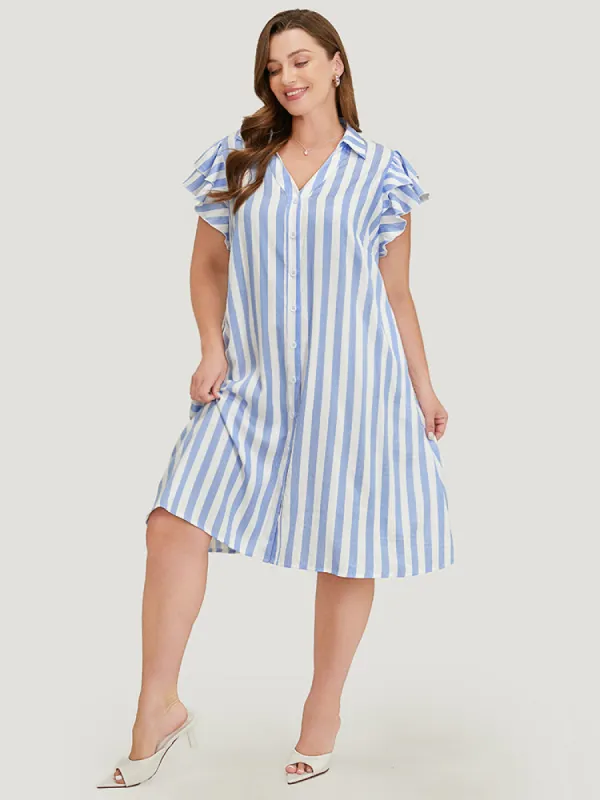 Striped Print Ruffles Layered Cap Sleeve Button Up  Dress sold by Bloomchic