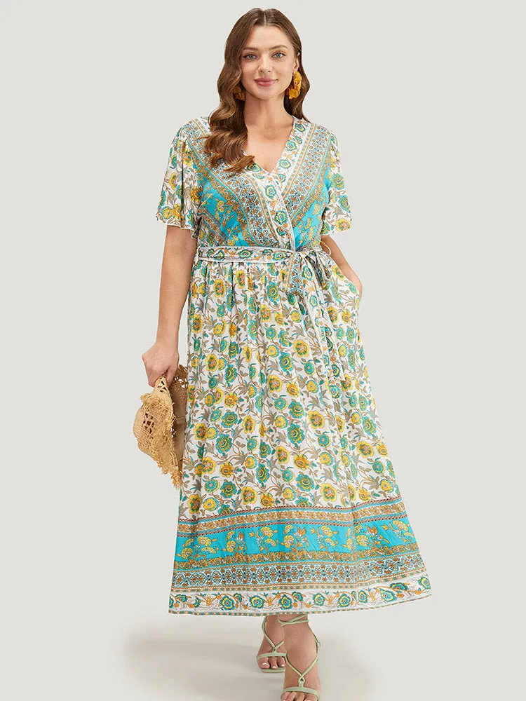 Bandana Pocket Belted Surplice Neck Gathered Ruffle Sleeve Dress sold by Bloomchic product image thumbnail 3