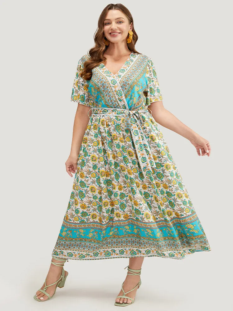 Bandana Pocket Belted Surplice Neck Gathered Ruffle Sleeve Dress sold by Bloomchic product image thumbnail 4