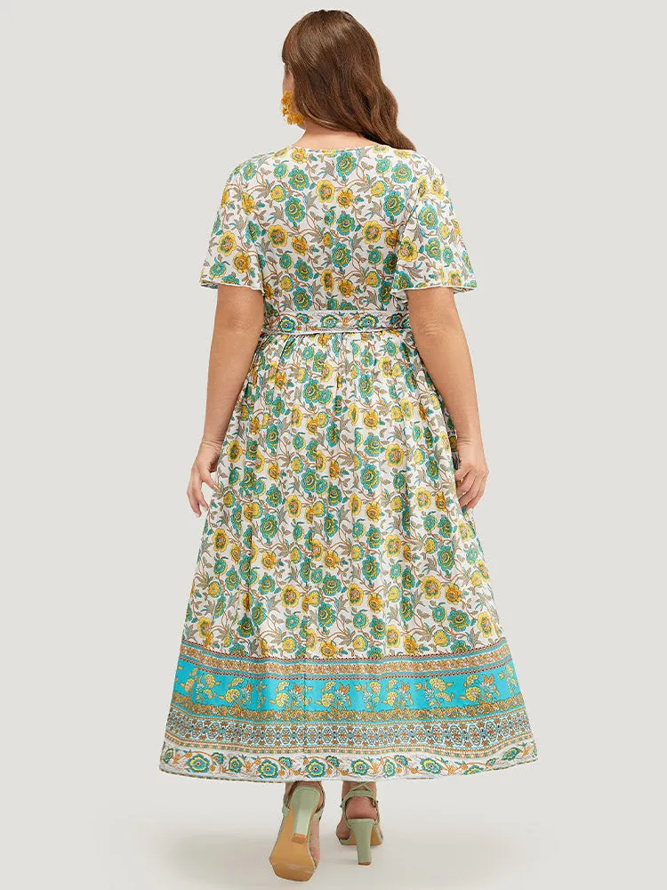 Bandana Pocket Belted Surplice Neck Gathered Ruffle Sleeve Dress sold by Bloomchic product image thumbnail 2