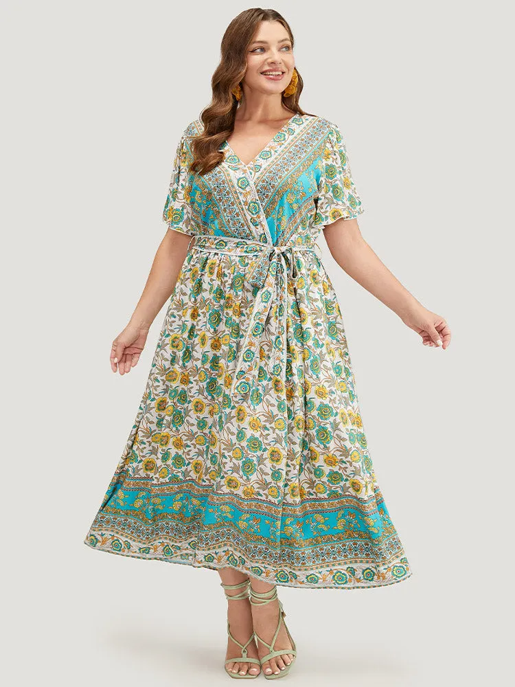 Bandana Pocket Belted Surplice Neck Gathered Ruffle Sleeve Dress sold by Bloomchic product image thumbnail 5