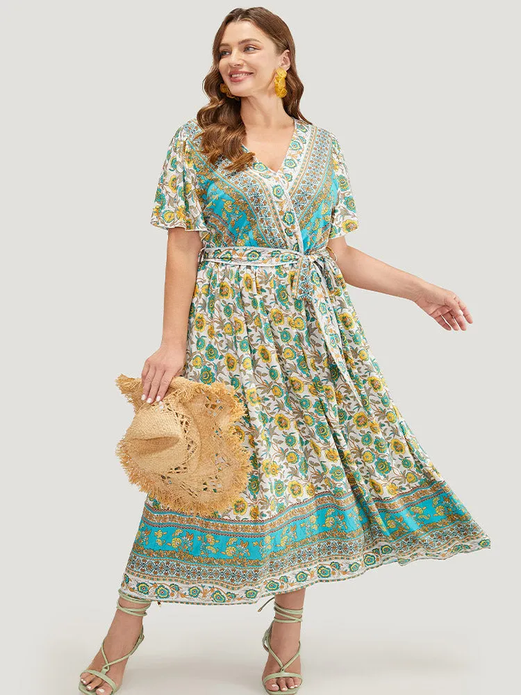 Bandana Pocket Belted Surplice Neck Gathered Ruffle Sleeve Dress sold by Bloomchic