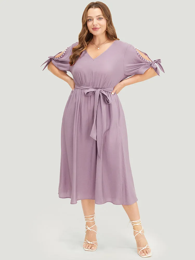 Plain Pearl Beaded Knotted Sleeve Pocket Belted Ruffle Dress sold by Bloomchic product image thumbnail 5