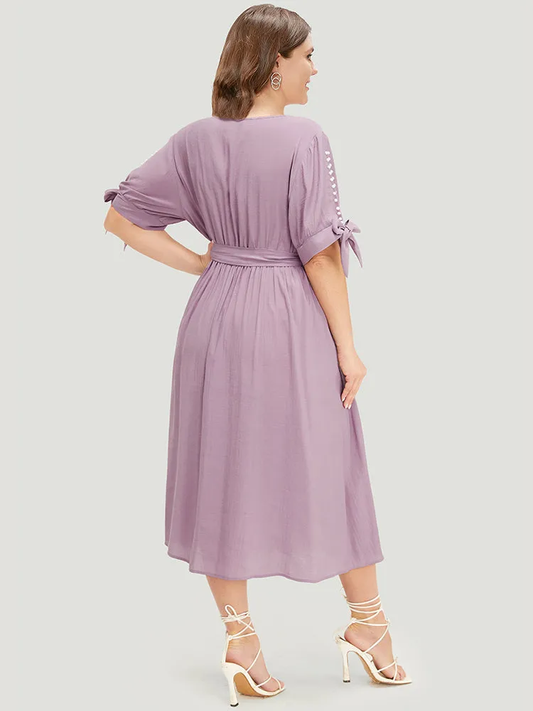 Plain Pearl Beaded Knotted Sleeve Pocket Belted Ruffle Dress sold by Bloomchic product image thumbnail 3