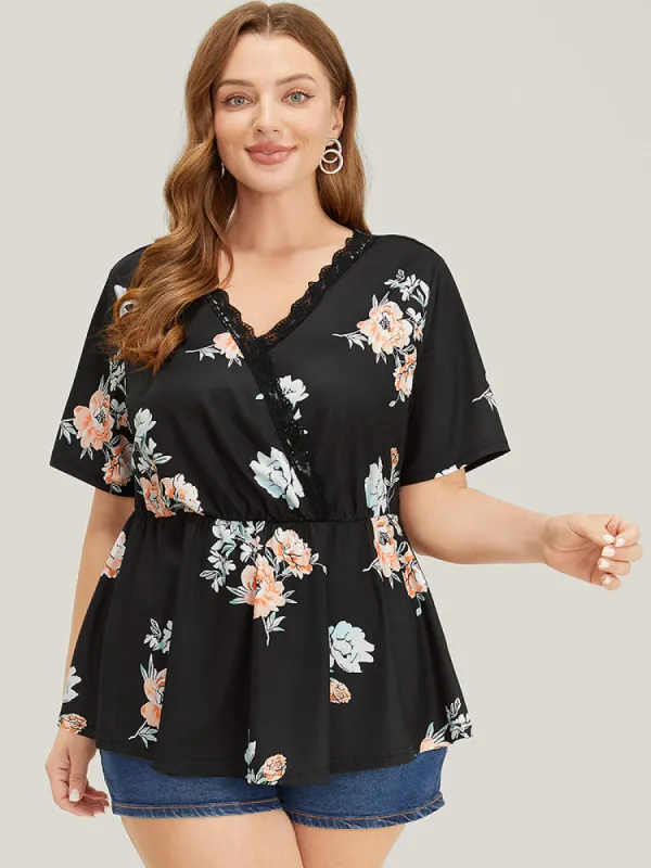 Floral Lace Trim Wrap Ruffle Hem T-shirt sold by Bloomchic
