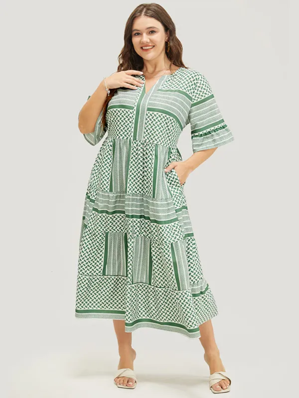 Striped Geometric Ruffle Sleeve Patchwork Pocket Flutter Dress sold by Bloomchic