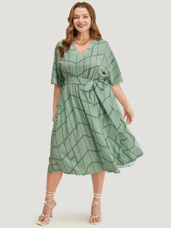 Geometric Print Dolman Sleeve Pocket Belted Ruffles Dress sold by Bloomchic