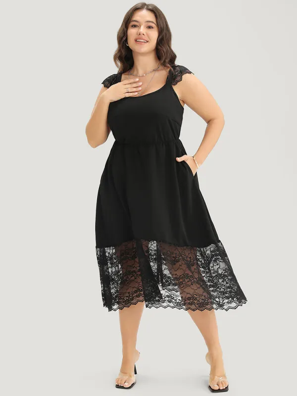 Solid Contrast Lace Pocket Ruffles Cap Sleeve Dress sold by Bloomchic