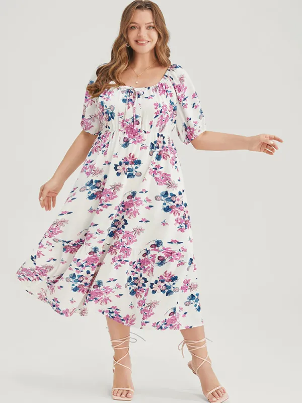 Floral Puff Sleeve Pocket Knot Front Scoop Neck Flutter Dress sold by Bloomchic