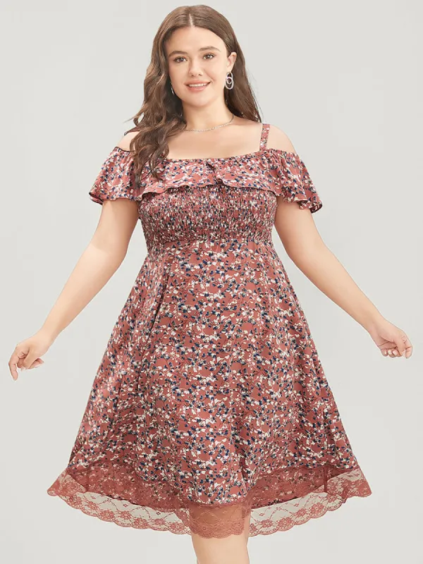 Ditsy Floral Cold Shoulder Shirred Pocket Ruffle Lace Hem Dress sold by Bloomchic