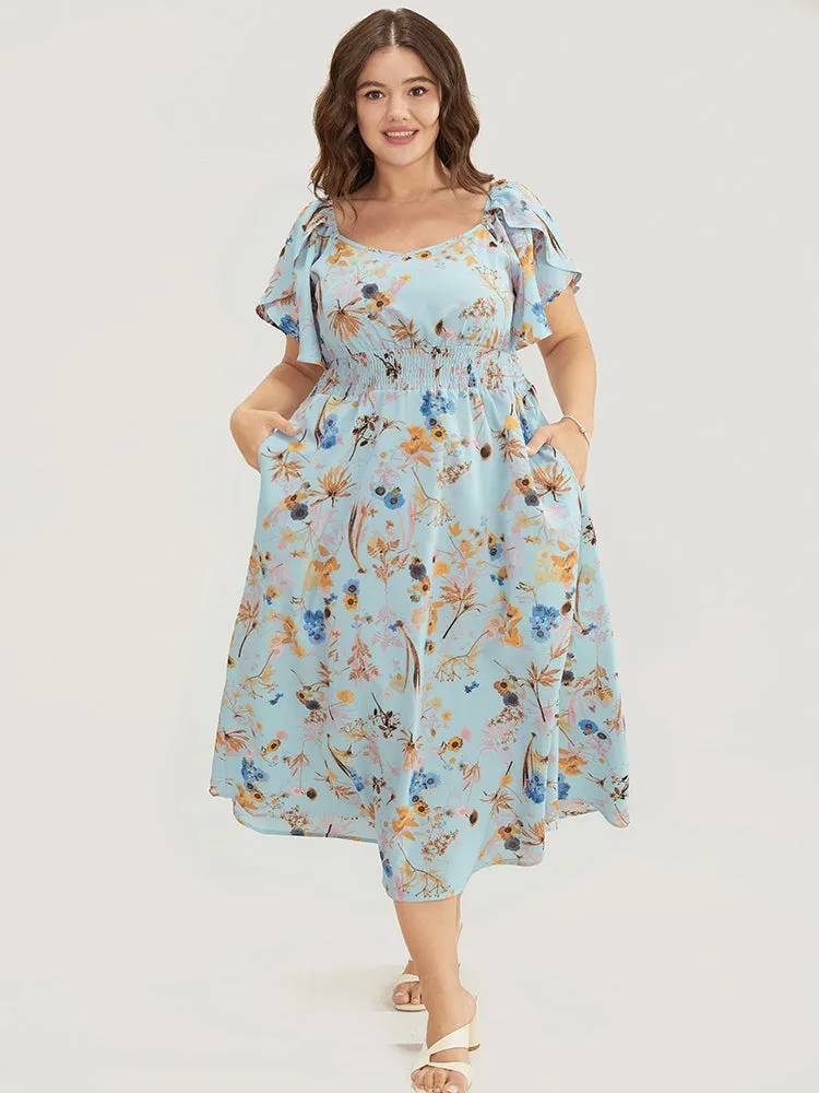 Floral Printed Shirred Petal Sleeve Pocket Ruffles Dress sold by Bloomchic product image thumbnail 3