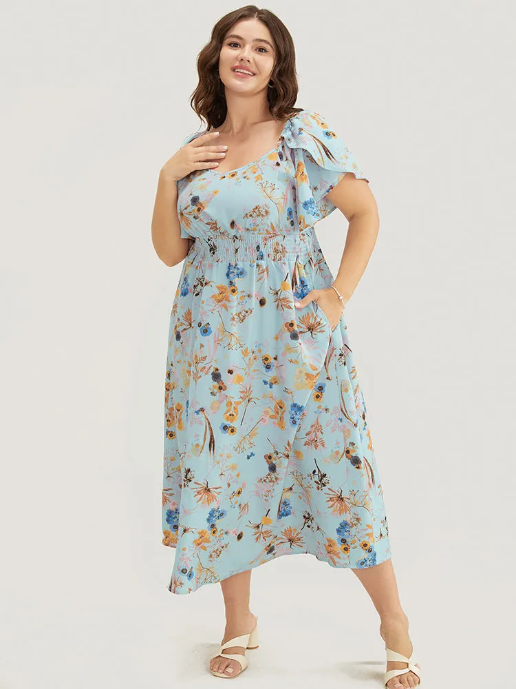 Floral Printed Shirred Petal Sleeve Pocket Ruffles Dress sold by Bloomchic product image thumbnail 2