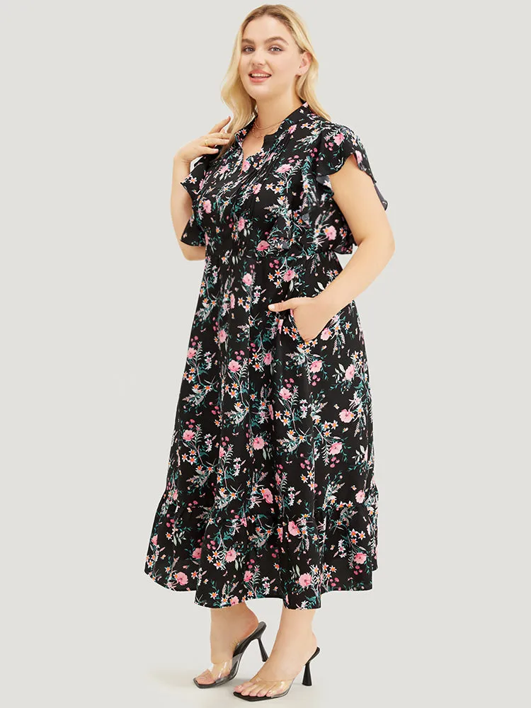 Floral Pleated Front Ruffle Sleeve Pocket Button Detail Dress sold by Bloomchic product image thumbnail 4