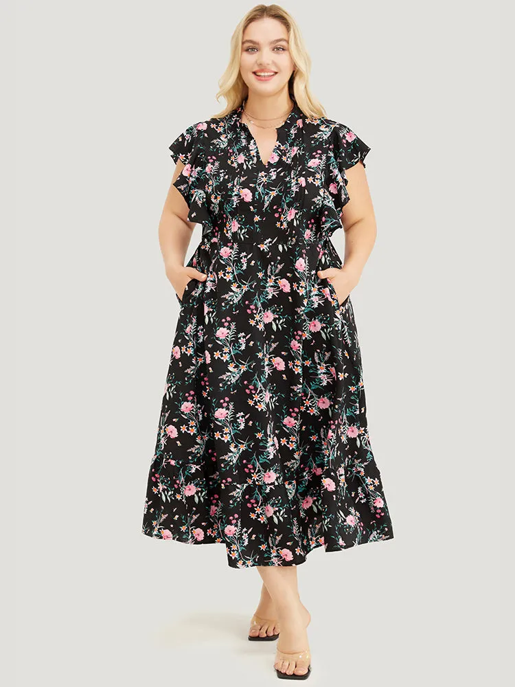 Floral Pleated Front Ruffle Sleeve Pocket Button Detail Dress sold by Bloomchic product image thumbnail 3