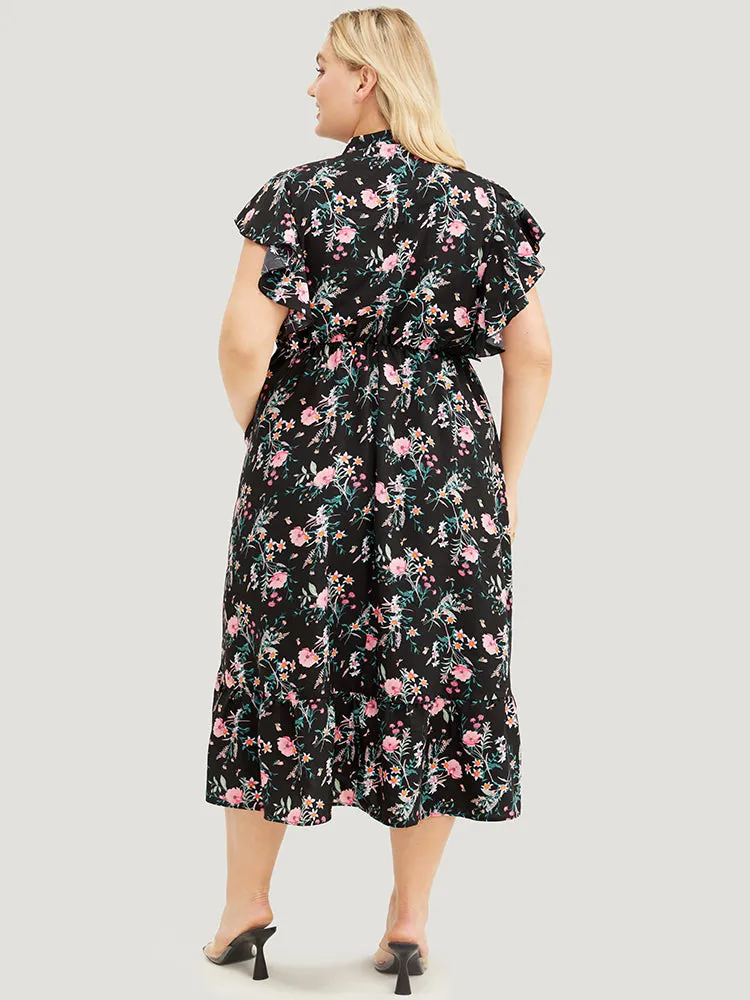 Floral Pleated Front Ruffle Sleeve Pocket Button Detail Dress sold by Bloomchic product image thumbnail 5