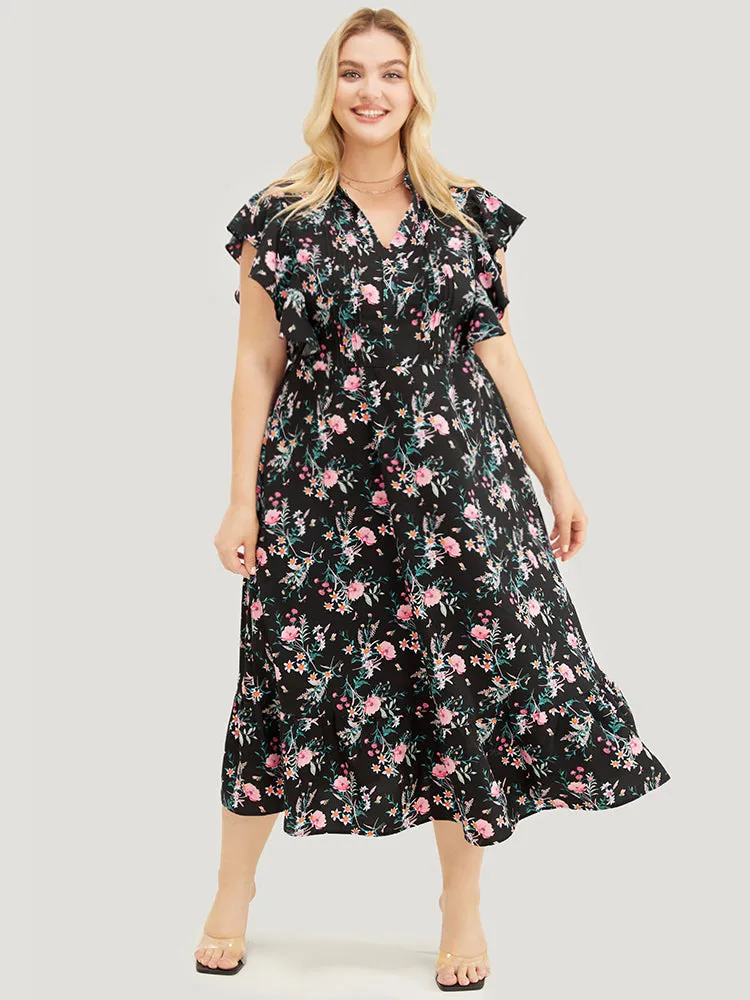 Floral Pleated Front Ruffle Sleeve Pocket Button Detail Dress sold by Bloomchic