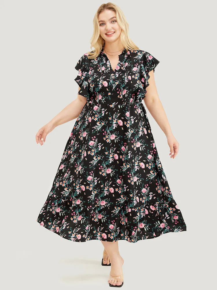 Floral Pleated Front Ruffle Sleeve Pocket Button Detail Dress sold by Bloomchic product image thumbnail 2